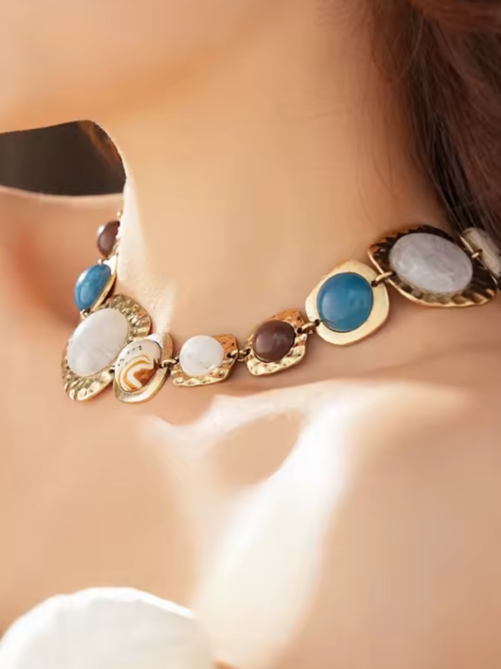 Anthropologie Gold-Tone Choker with Blue, White, and Brown Stones